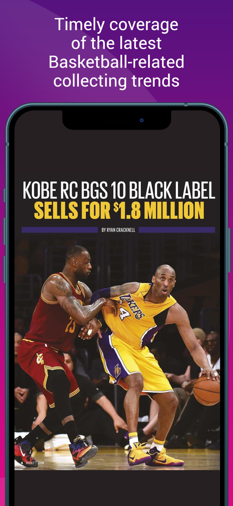Beckett Basketball - Beckett Basketball mobile app featuring news about a record breaking Kobe Bryant rookie card sale