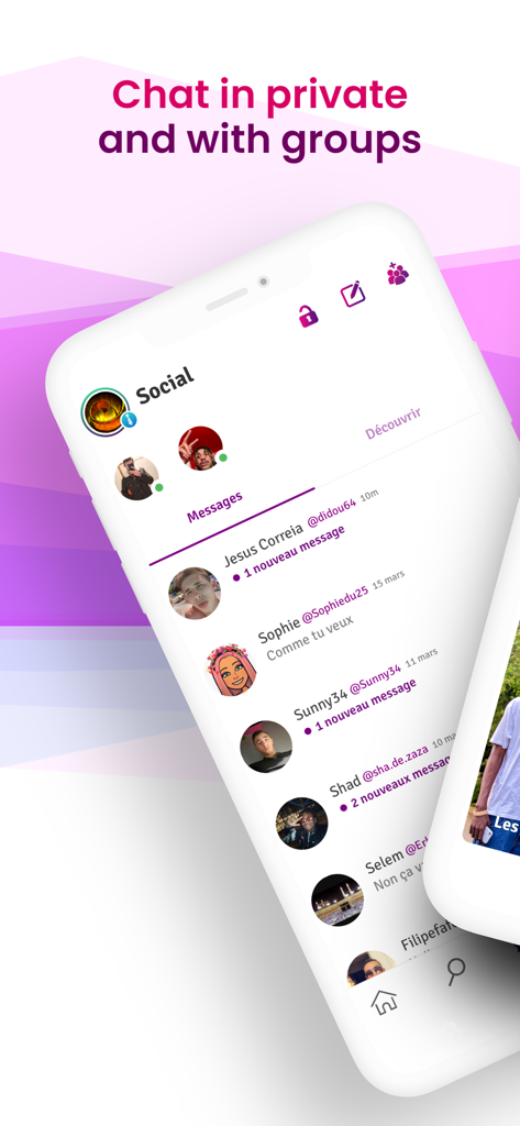 Private and group chat interface on the Sondago social networking app