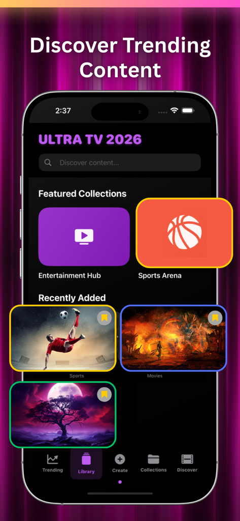 Dashboard della libreria dell'app mobile Ultra TV 2026 che mostra raccolte video in primo piano e media aggiunti di recente