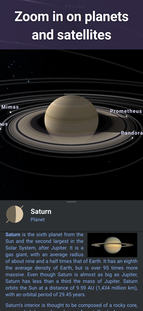 Stellarium Mobile - Star Map - Vista educativa del pianeta Saturno e delle sue lune nell'app Stellarium Mobile