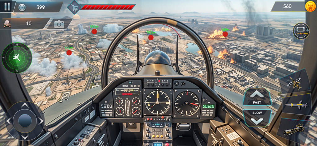 Airplane War Fighter Jet Games - Vista en primera persona desde la cabina de un avión de combate durante una misión aérea sobre una ciudad