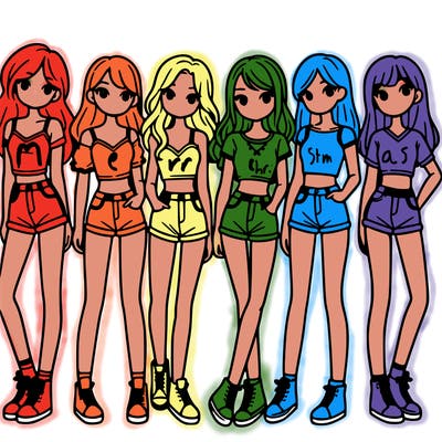 a group of girls wearing crop tops and shorts