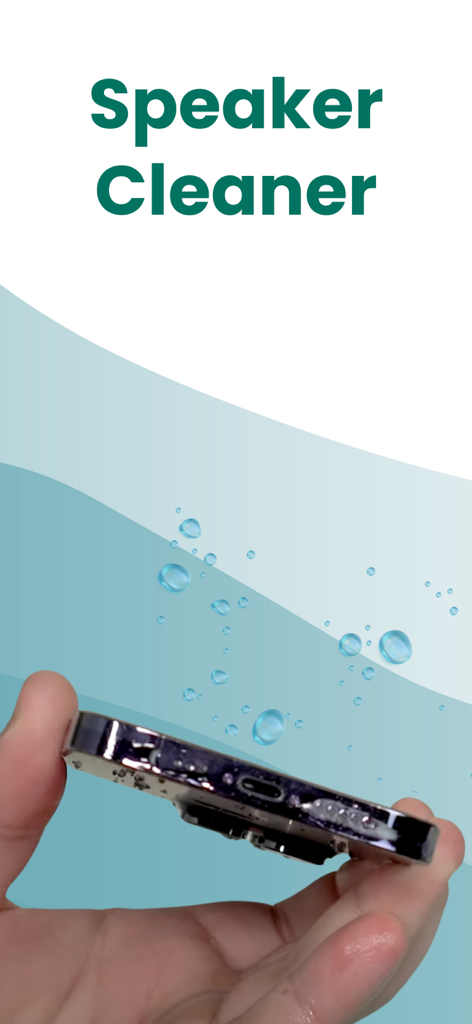 A hand holding a wet smartphone with water droplets being ejected from the speakers under the text Speaker Cleaner