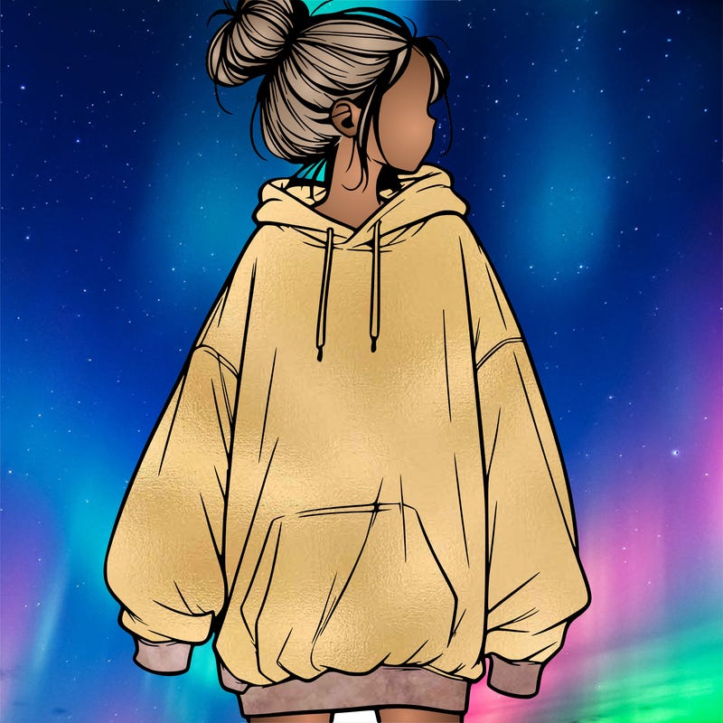 realistic girl with a oversized sweatshirt on and a bun