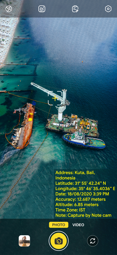 Note Camera app interface displaying an aerial photo with a timestamp and GPS coordinate overlay.