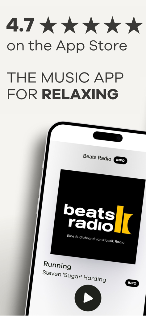 Klassik Radio & Beats Radio - Interfaz de la aplicación Klassik Radio y Beats Radio con calificación de App Store y eslogan de música relajante