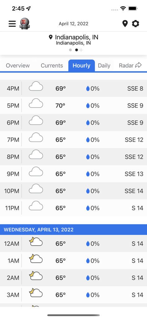 WTHR Live Doppler 13アプリのインディアナポリスの毎時予報