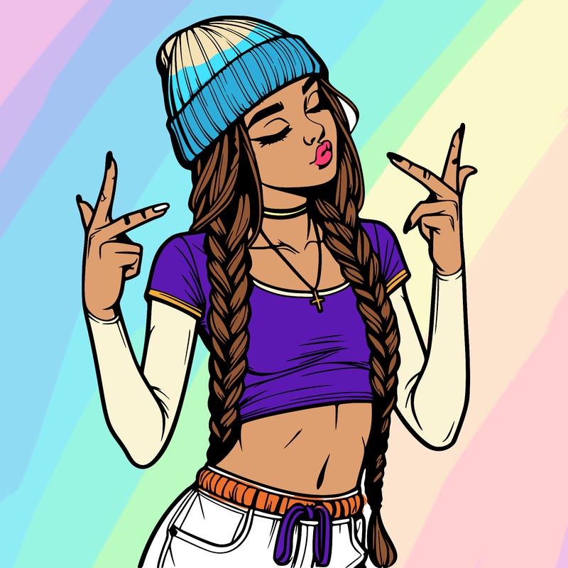 realistic teenage girl with braids and a beanie and crop top doing 🫶🏼