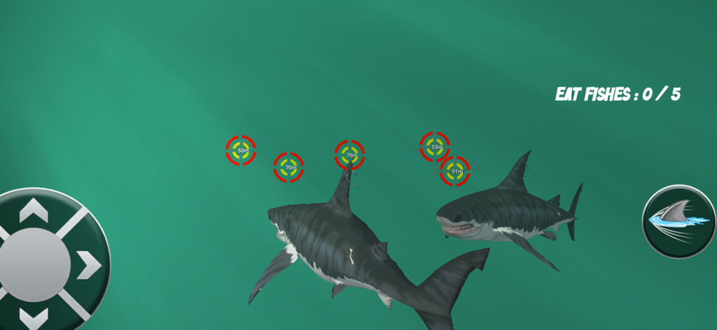 Shark Simulator 3D - Two great white sharks swimming in a green ocean environment with on-screen controls and targeting reticles