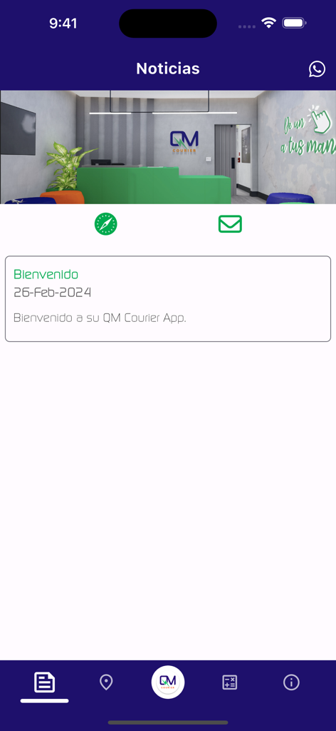 QM Courier - QM Courier mobile app news section featuring a welcome message and a photo of the courier office reception area