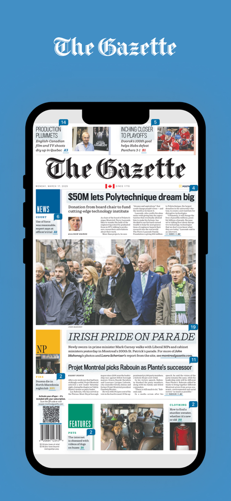 Digital replica of the Montreal Gazette newspaper front page on a smartphone screen