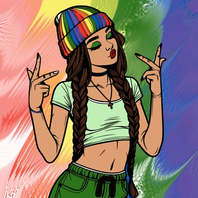 realistic teenage girl with braids and a beanie and crop top doing 🫶🏼