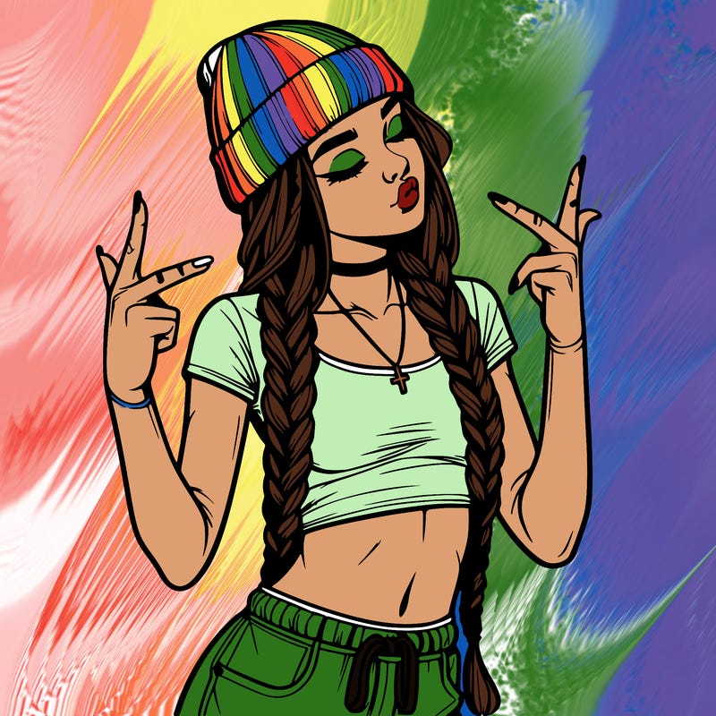 realistic teenage girl with braids and a beanie and crop top doing 🫶🏼