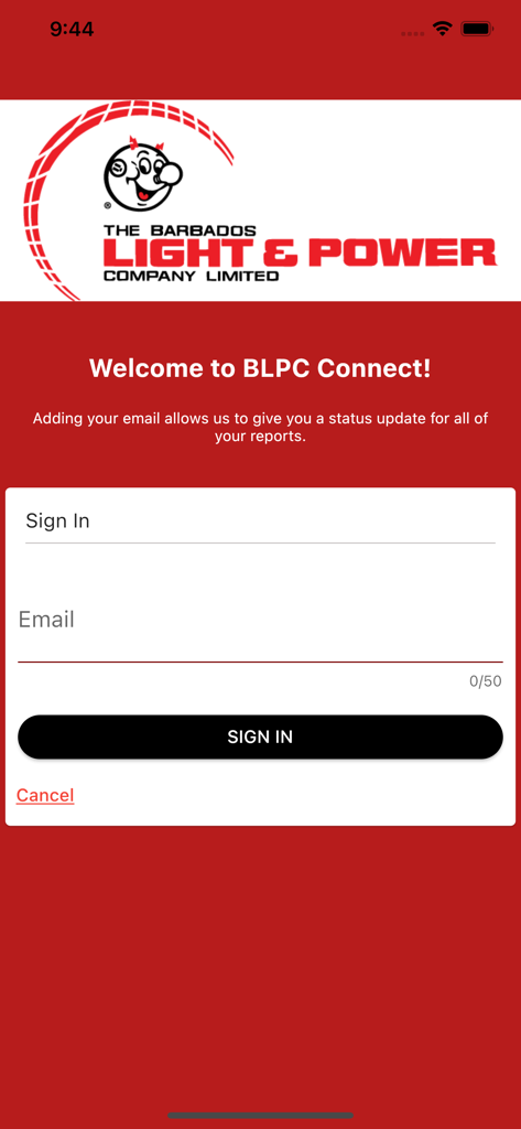 BLPC Connect - Sign in screen for the BLPC Connect utility reporting app featuring an email input field and login button.