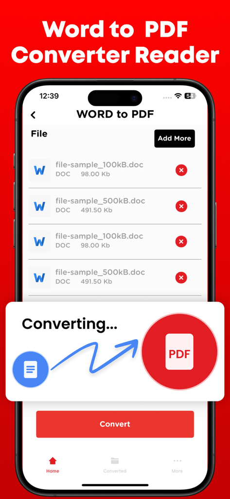 Oberfläche der Word-in-PDF-Konverter-App, die den Dokumentenkonvertierungsprozess auf dem iPhone zeigt