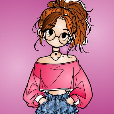 girl with a messy ponytail glasses a baggy crop top and jean shorts