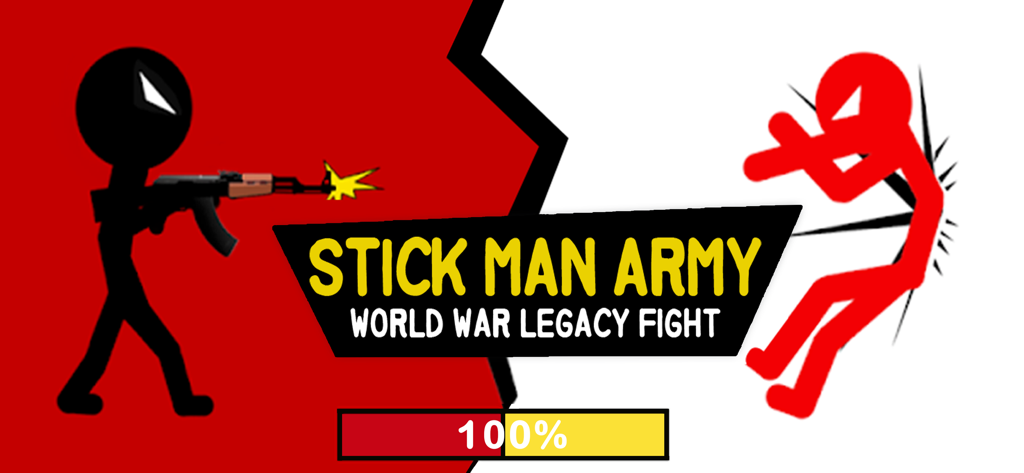 Stickman Army: World War Fight - Loading screen for Stickman Army World War Fight showing a black stickman soldier firing a rifle at a red stickman enemy