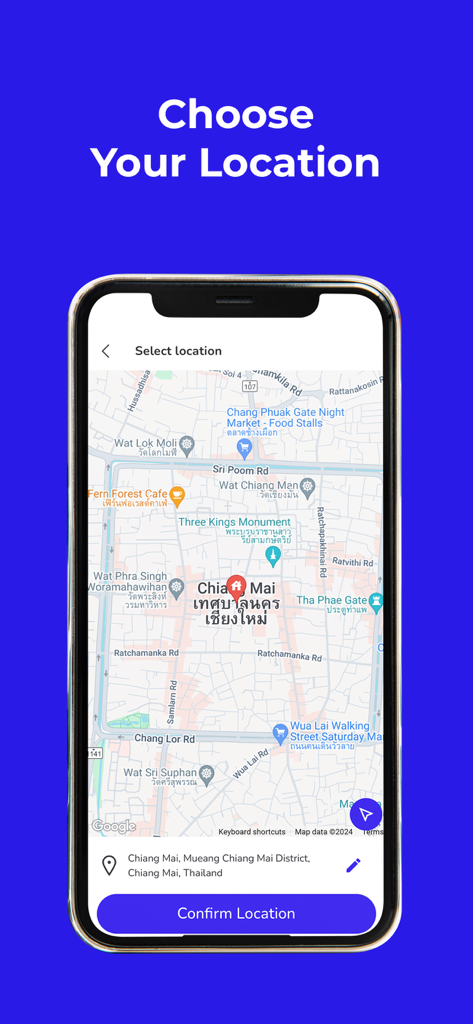 Mealsonwheels4U - Pantalla de la aplicación Mealsonwheels4U que muestra un mapa de Chiang Mai para seleccionar una ubicación de entrega de alimentos