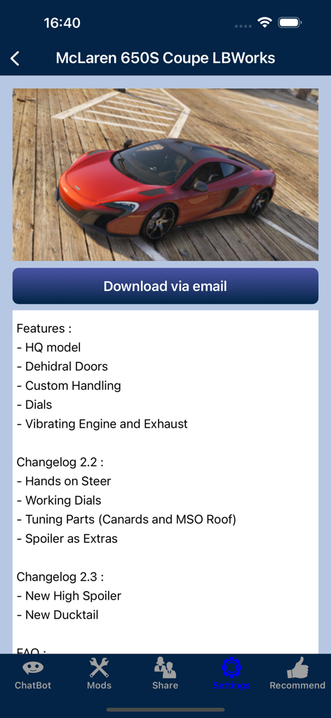 Screenshot of a McLaren 650S car mod for GTA5 with a features list and download button