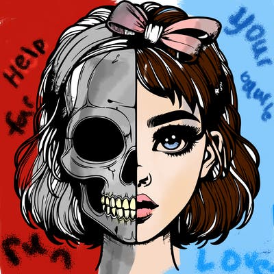realistic girl with half skull mask