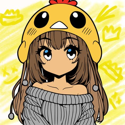 anime girl with chick shaped hat with sweater with bare shoulders with bangs covering them one eye with low tail