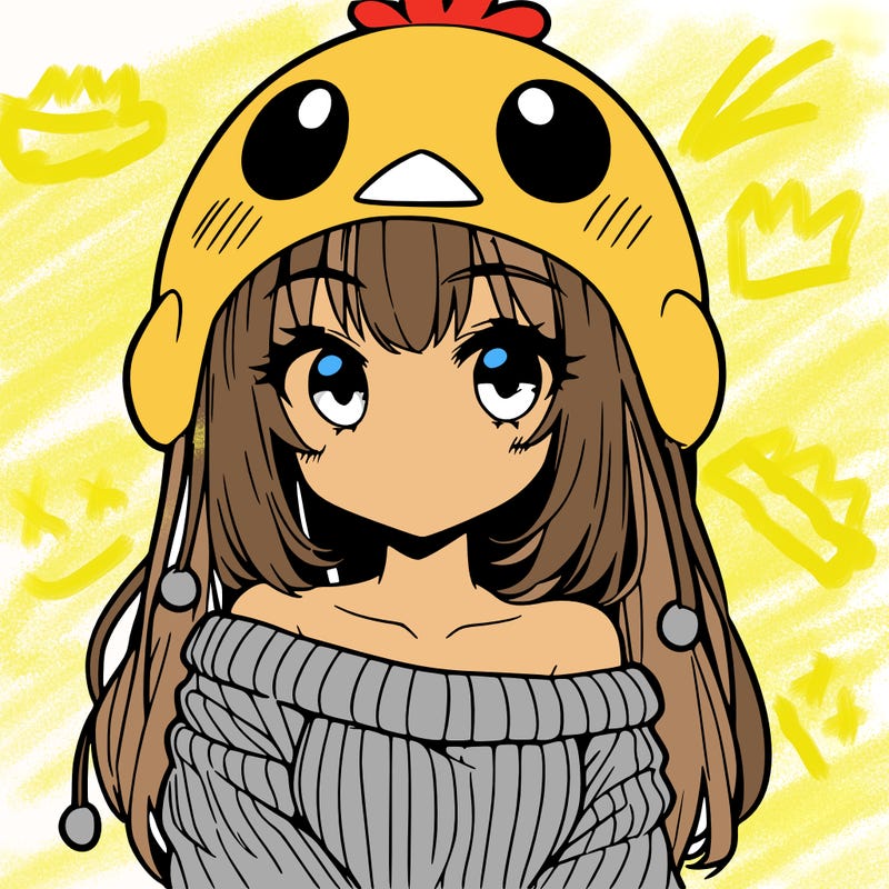 anime girl with chick shaped hat with sweater with bare shoulders with bangs covering them one eye with low tail
