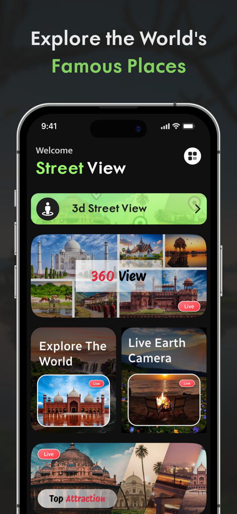 Street View Maps Live Earth 3D - Pantalla de inicio de la aplicación Street View Maps Live Earth 3D que muestra opciones para vista de calle 3D y cámaras de Earth en vivo