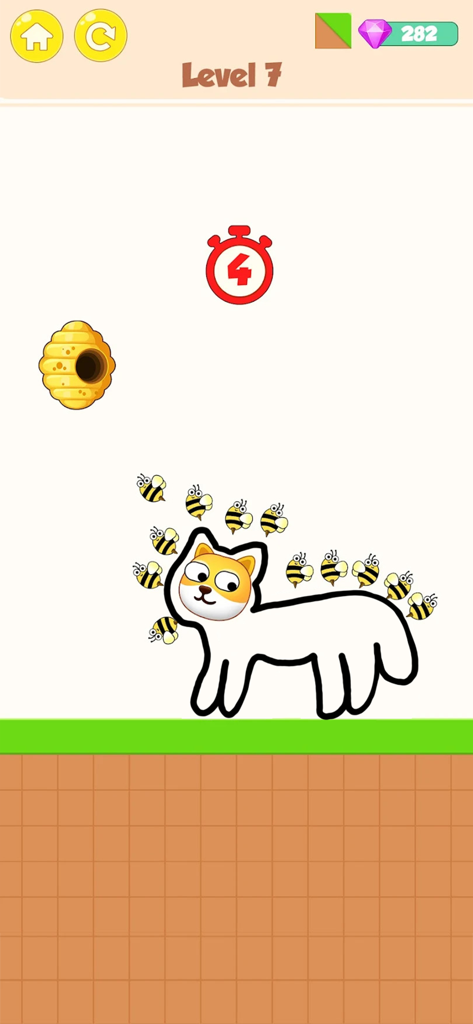 Save My Doggy - Dog Rescue - Un écran de jeu mobile montrant une ligne protectrice dessinée autour d'un chien pour le protéger des abeilles attaquantes