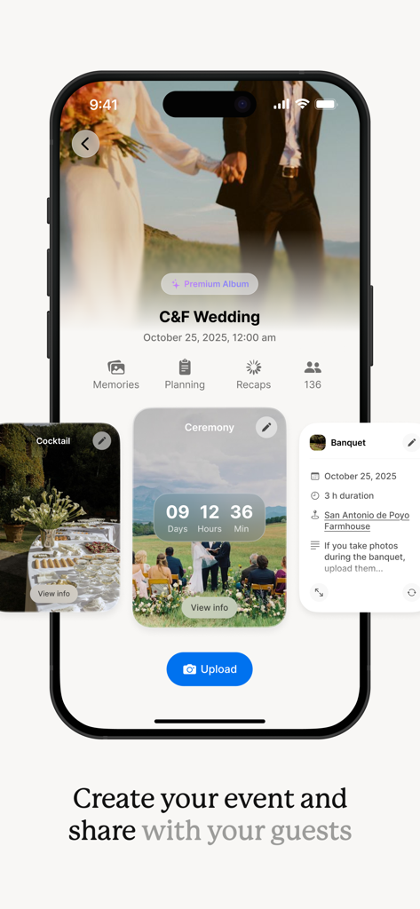 Dots. Memories: Photo & Video - Interface of Dots Memories app showing a shared wedding album with event details