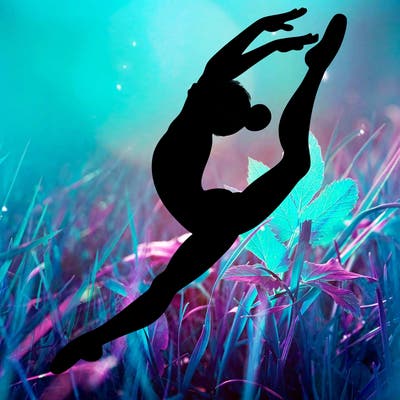 gymnast doing a leap in a leotard with a bent back leg