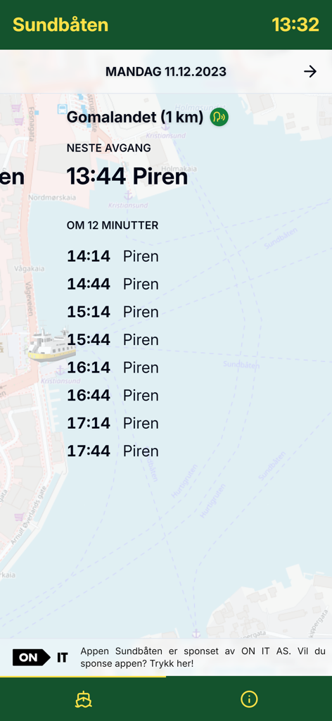 Sundbåten - Sundbaten app screen showing ferry departure times from Gomalandet to Piren in Kristiansund