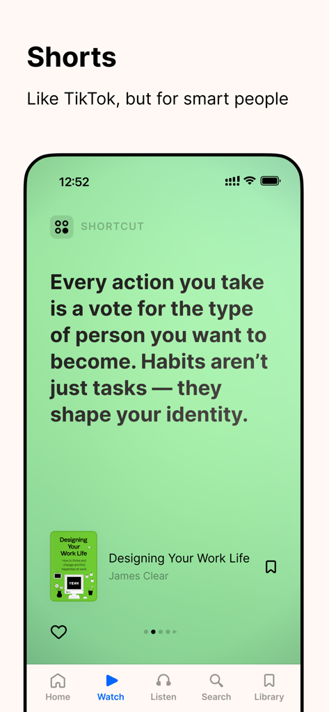 Headway - Daily Micro Learning - A mobile screen from the Headway app showing the Shorts feature with a bite-sized insight about habit building from James Clear.
