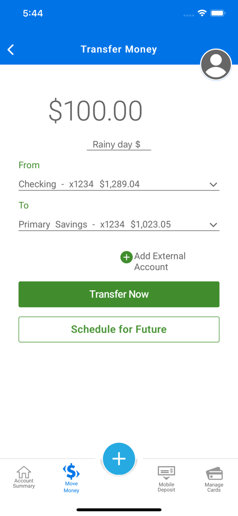 RBFCU - RBFCU mobile app interface for transferring money between a checking and a savings account.