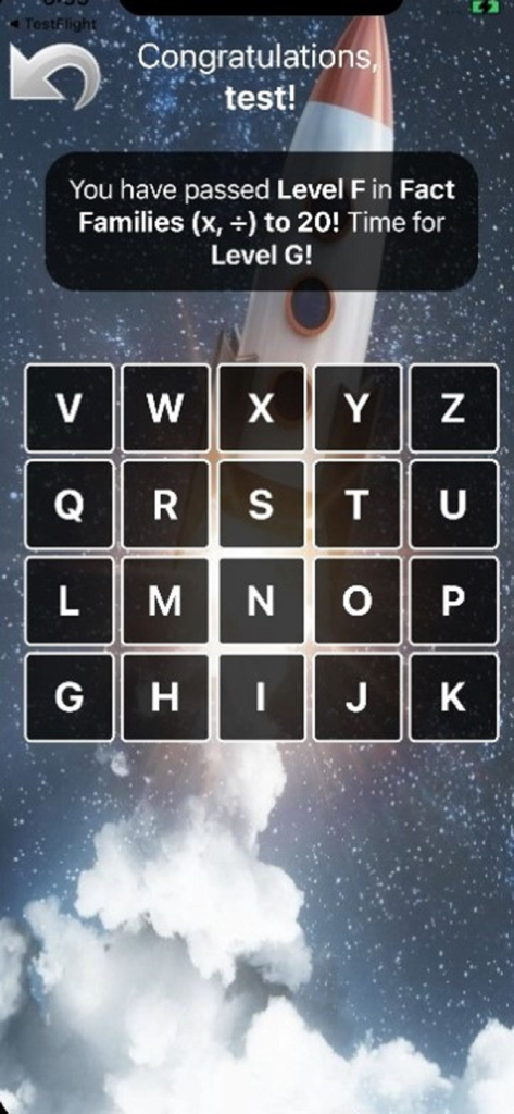 Rocket Math Online Tutor - Rocket Math app interface showing a congratulations message for passing a level and a grid of letters representing future levels over a rocket launch background