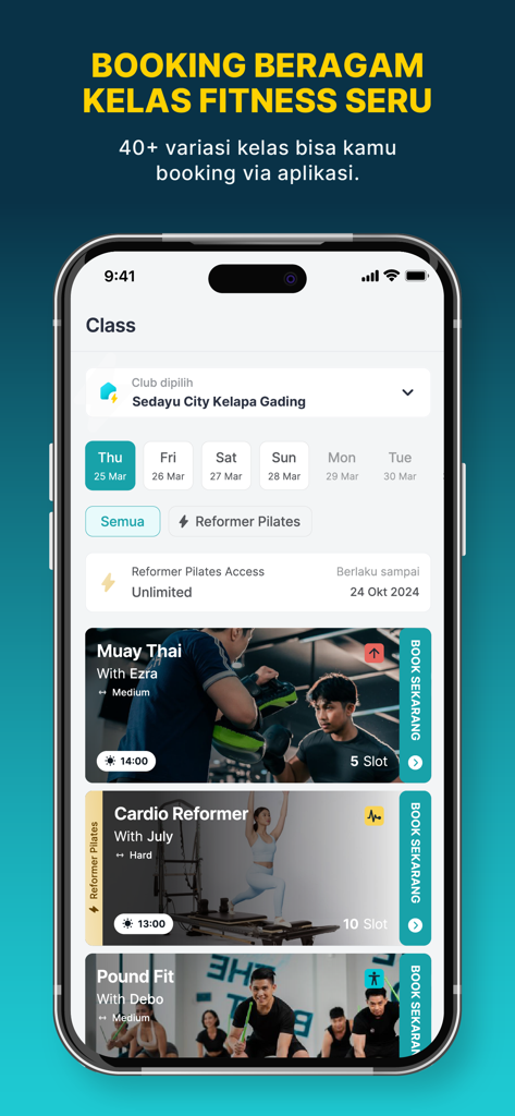 FIT HUB app interface showing a schedule of fitness classes like Muay Thai and Pilates for easy booking.
