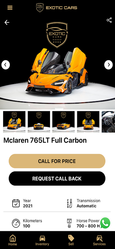 Exotic Cars Dubai - Orange Mclaren 765LT supercar listing in the Exotic Cars Dubai app