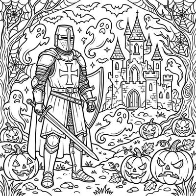 Embark on a creative quest this Halloween with a valiant Knights Templar standing guard amidst a haunted scene. This unique coloring page blends historical mystery with spooky festive fun, perfect for all ages.