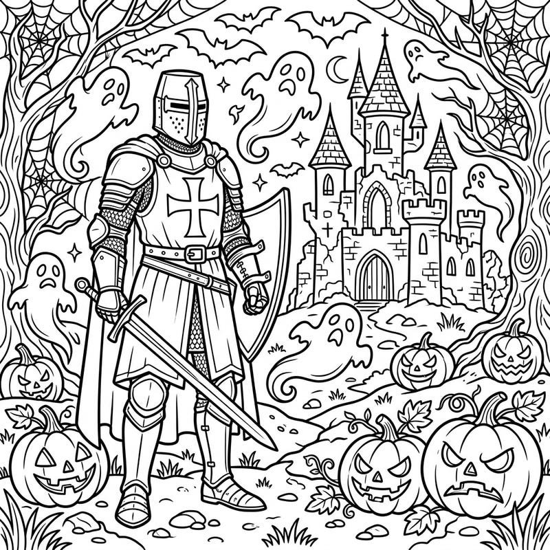 Embark on a creative quest this Halloween with a valiant Knights Templar standing guard amidst a haunted scene. This unique coloring page blends historical mystery with spooky festive fun, perfect for all ages.