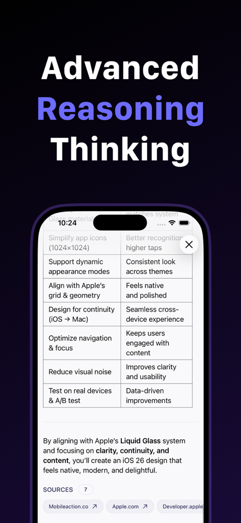 AI Overview: Search Assistant - AI search assistant interface showing advanced reasoning with verified sources and citations