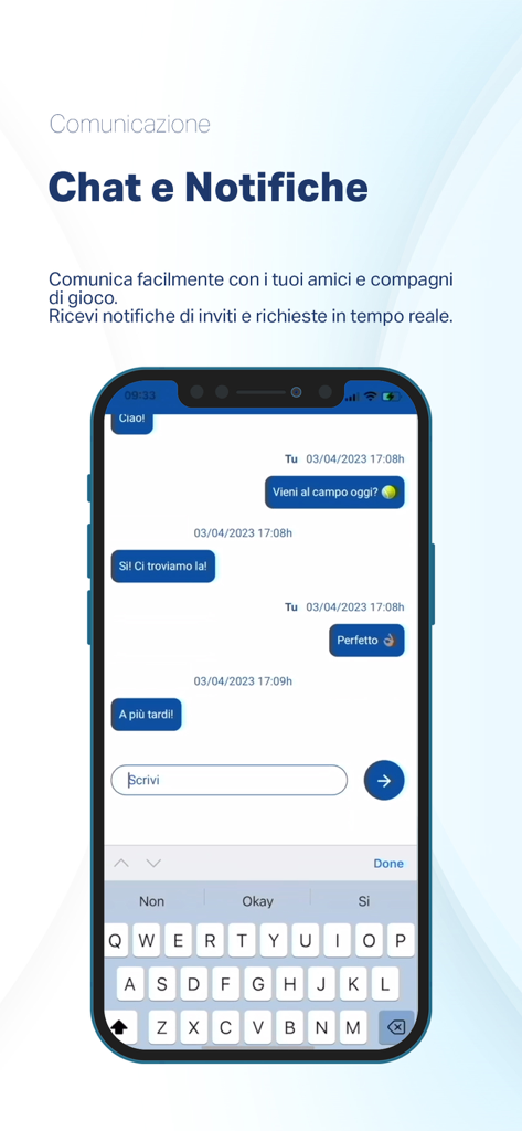 MyFITP - Interfaccia di chat in-app per gli utenti MyFITP per comunicare con partner di tennis e padel.