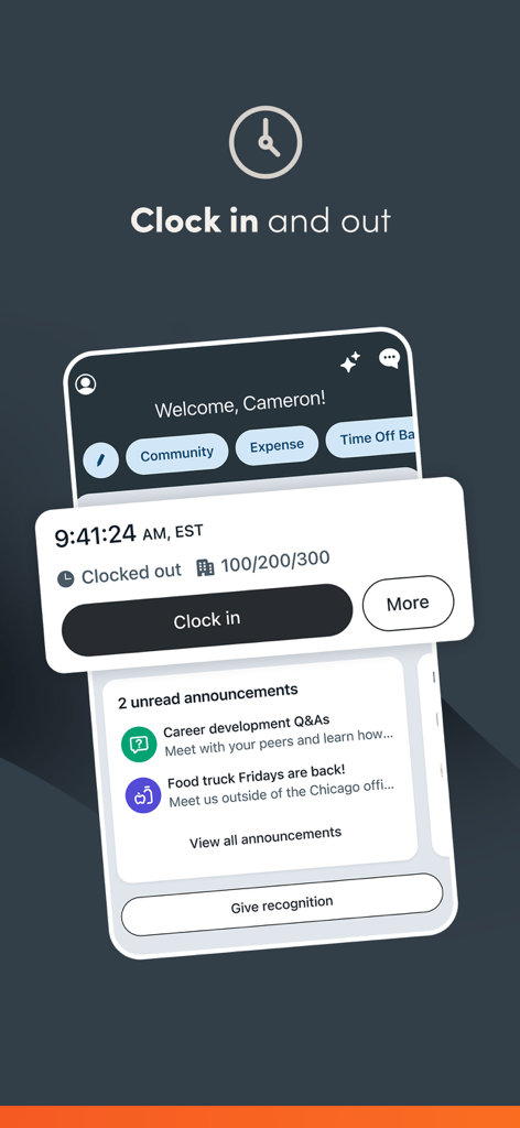 Paylocity - Paylocity mobile app interface showing the clock in and clock out feature for employees