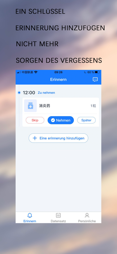 Medication Reminder-int'l - Mobile interface of the Medication Reminder-int'l app showing a scheduled 12:00 dose with options to take, skip, or snooze.