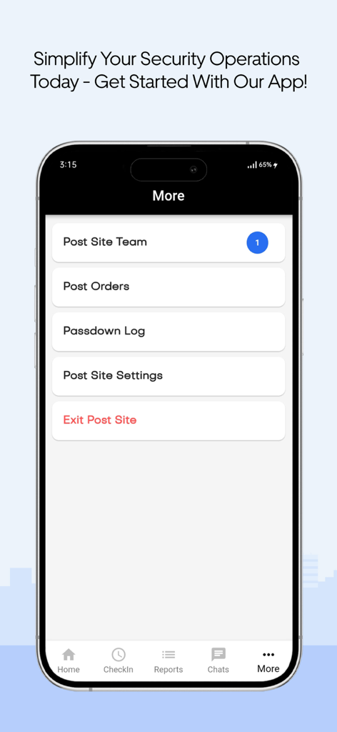 Interface of the Security Guard App showing the More menu with post site and log options.