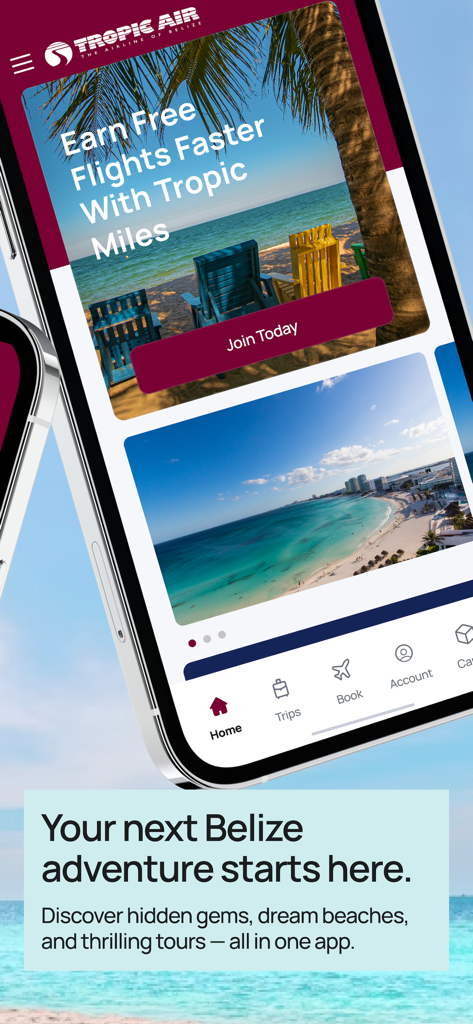 Ecrã inicial da app móvel Tropic Air mostrando recompensas de fidelidade e fotos de destinos de viagem