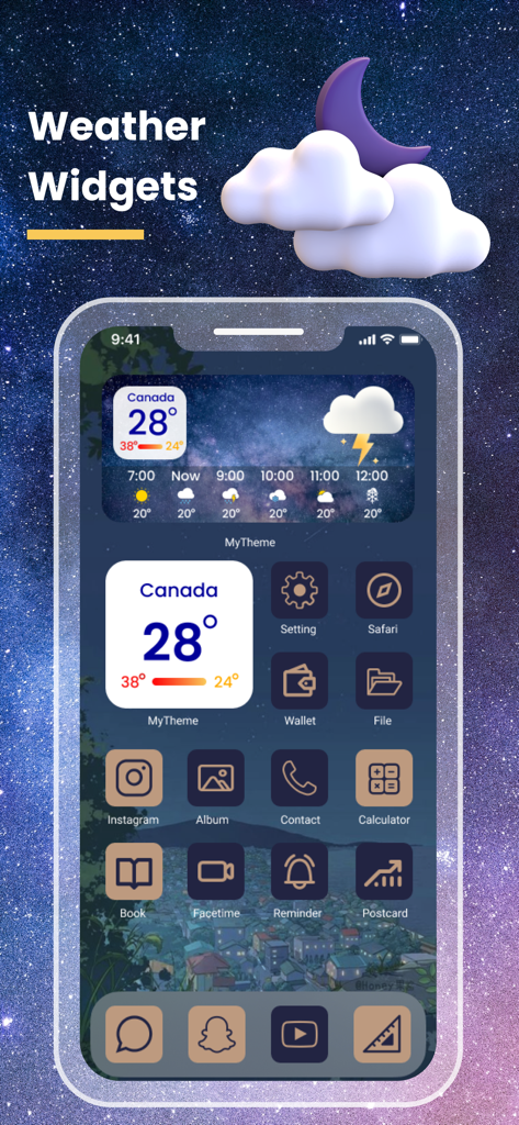 Weather Widget: Live Radar App - Aesthetic weather widget and customized app icons on an iPhone home screen.