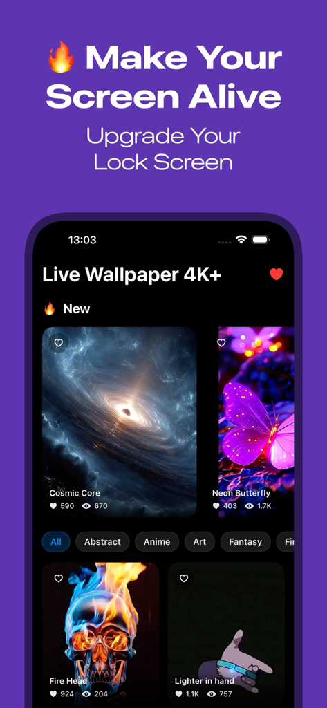Live Wallpaper 4K+ - The main screen of the Live Wallpaper 4K plus app showing a selection of vibrant aesthetic wallpapers for iPhone