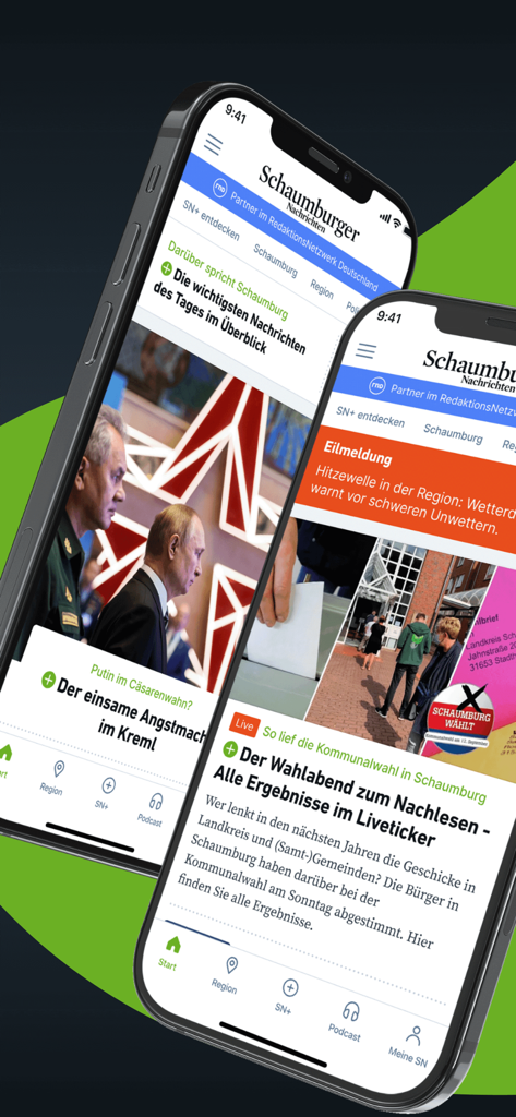 Oberfläche der Schaumburger Nachrichten Nachrichten- und Podcast-App auf zwei iPhones