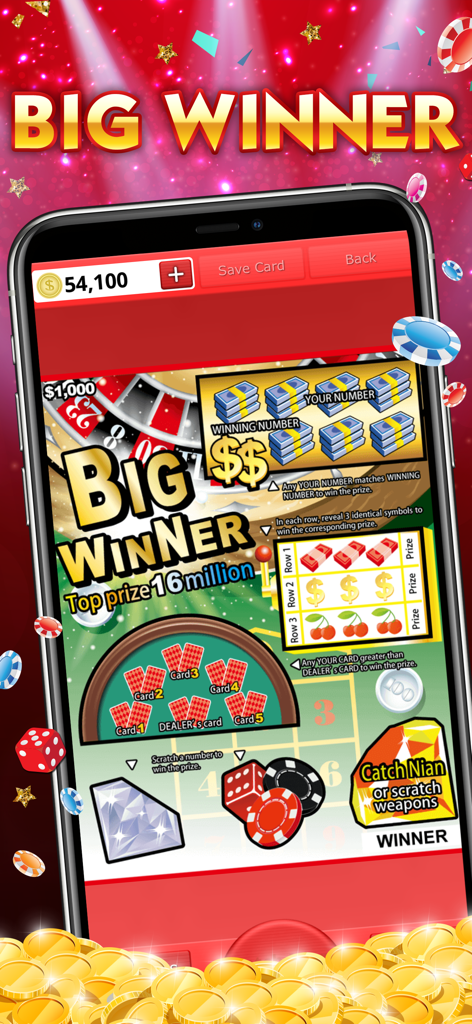 Mobile gameplay screen showing a virtual lottery scratch-off ticket titled Big Winner with various mini-games and virtual currency