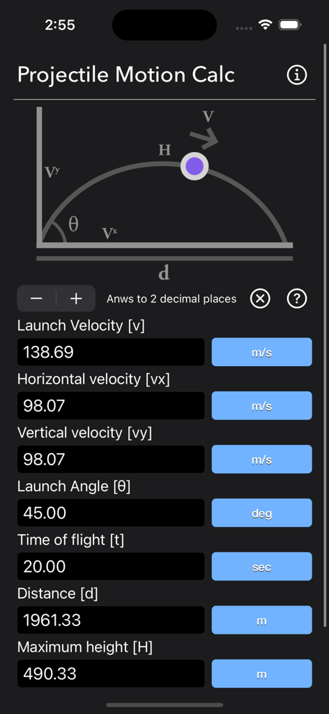 Projectile Motion Calc - Projectile Motion Calc app interface showing a physics trajectory graph and input fields for launch velocity and angle