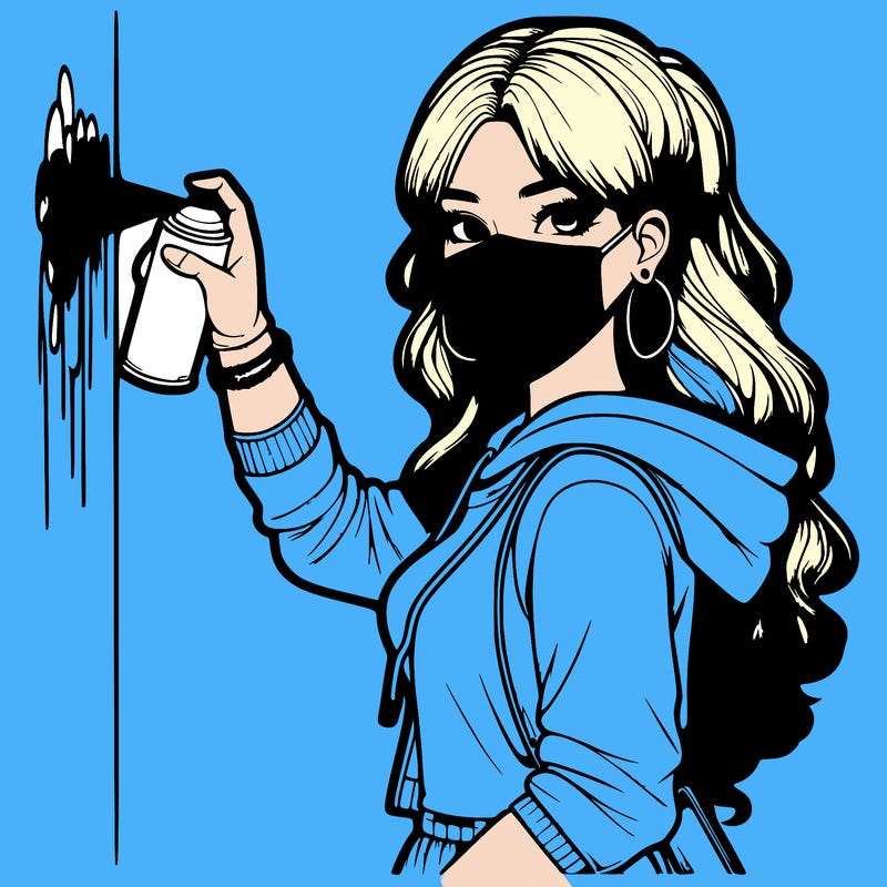 realistic girl with mask spray painting a wall